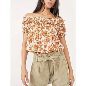 Free People Floral Off-Shoulder Blouse in Orange and White